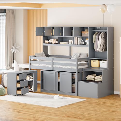 White Low Wood Loft Bed Twin Size with Rolling Desk and Drawers F58340
