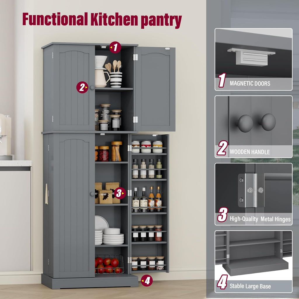 Gray Tall Freestanding Kitchen Pantry Cabinet with Doors and Shelves J403067