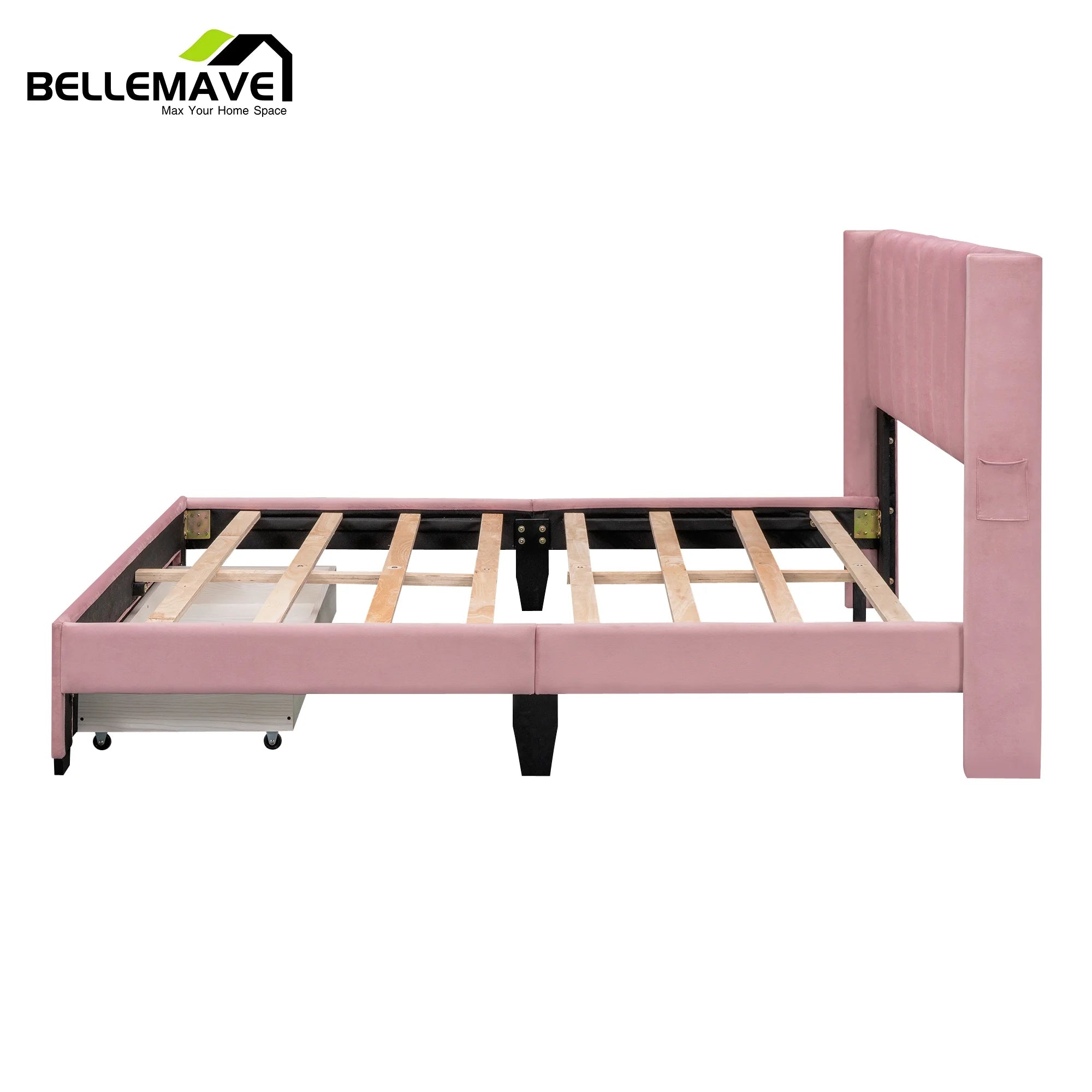 Queen Size Pink Velvet Upholstered Wood Platform Bed with Drawer I9098