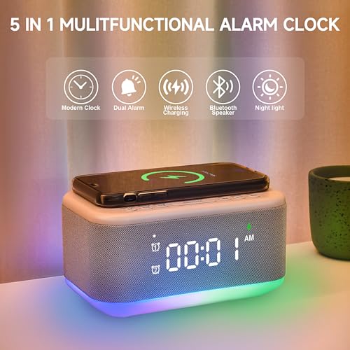 Gray Digital Alarm Clock with Bluetooth Speaker and Wireless Charger H9698