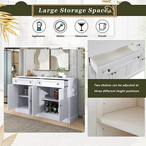 60" White 4-Door Sideboard Buffet with 2 Drawers and Adjustable Shelves E7482