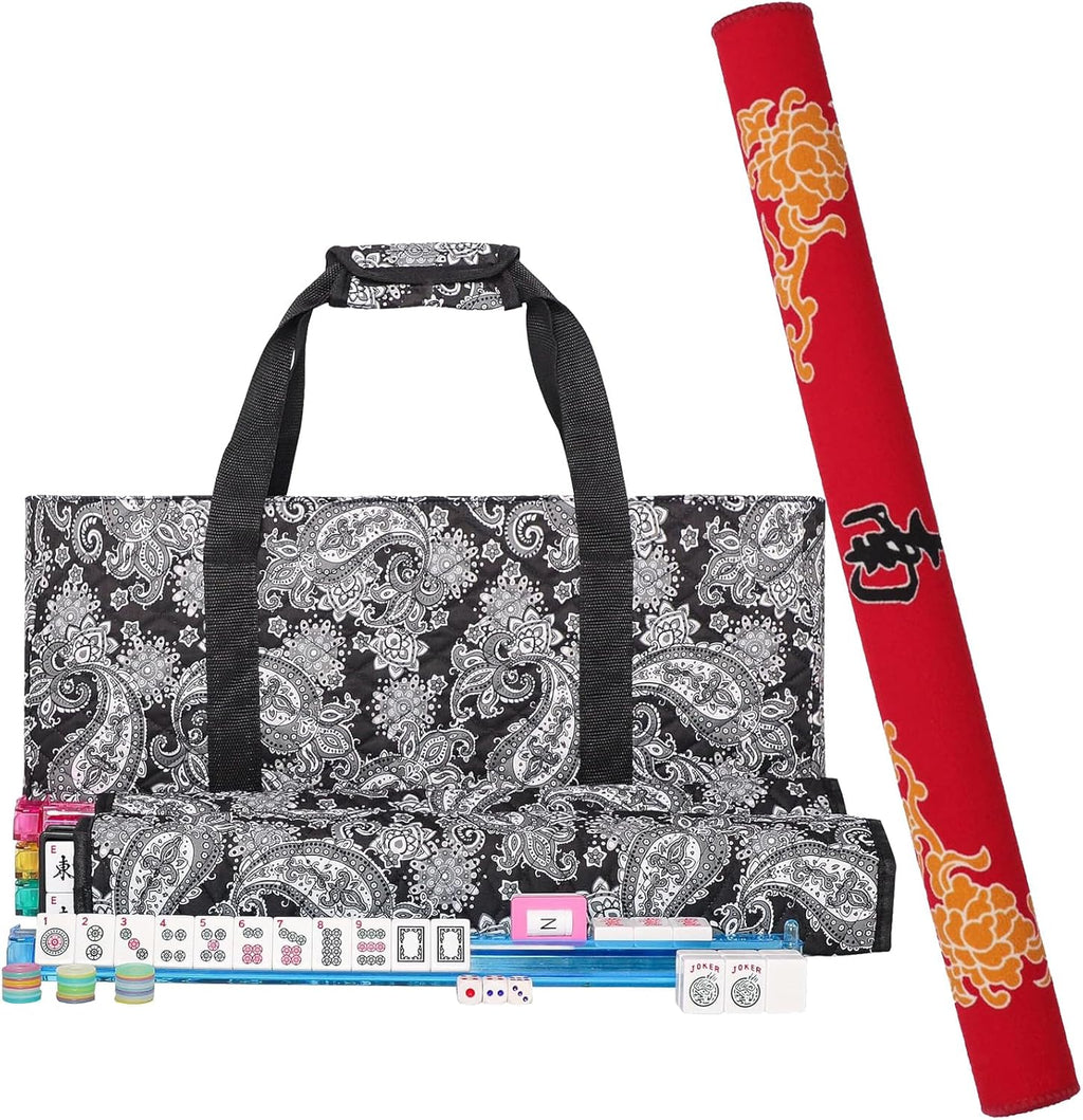 166 White Tiles Mahjong Game Set with 4 Color Rack Pushers, Black Carrying Bag, Mat with 3 Dice C491730