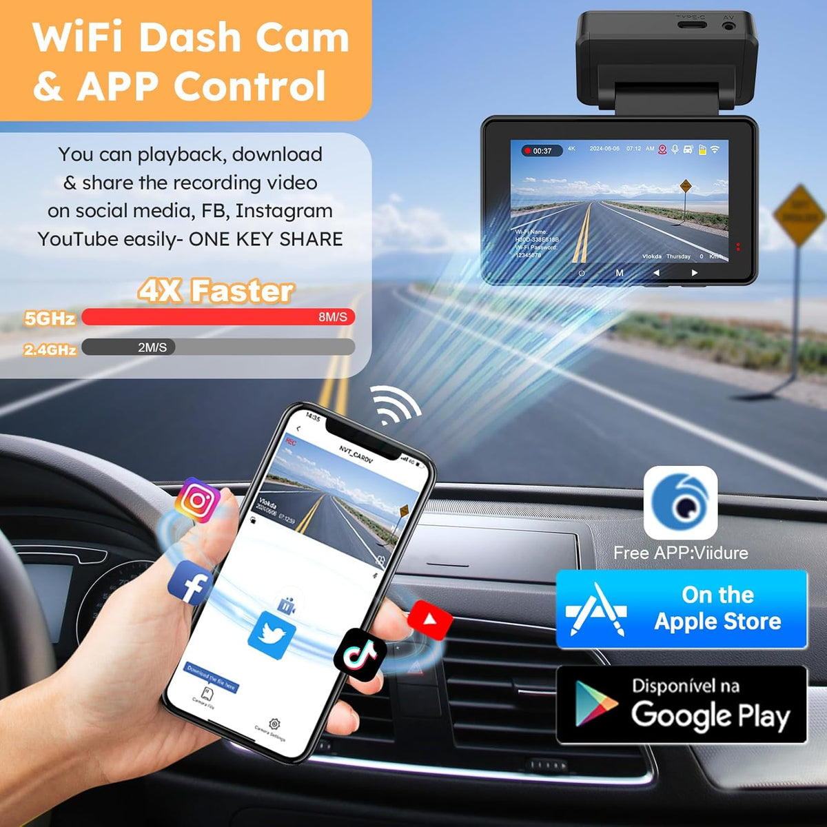 4K Dash Cam Front and Rear with WiFi & GPS H376