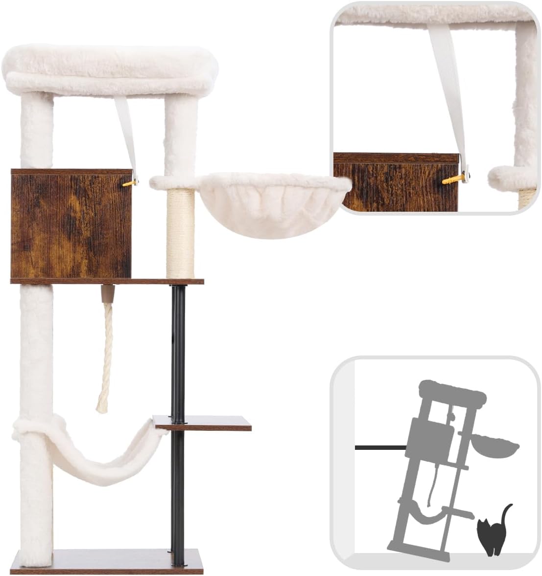 Rustic Brown 43.3in Wood Cat Tree with Sisal Rope Scratching Post T2072