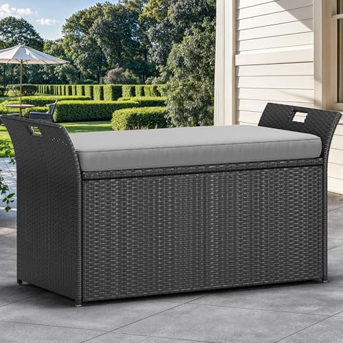 Black Beige 90 Gallon Outdoor Wicker Storage Bench with Cushion J1291