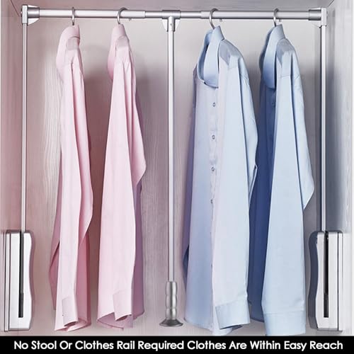 Pull Down Closet Rod Organizer Storage Rack Lift Buffer Extendable Adjustable Width Space Saving Wardrobe Hanger Silver U5609