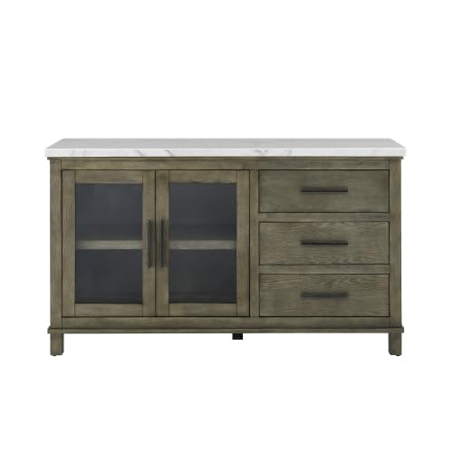 White Marble Top Server Dark Brown Sideboard Buffet Coffee Bar Cabinet R389