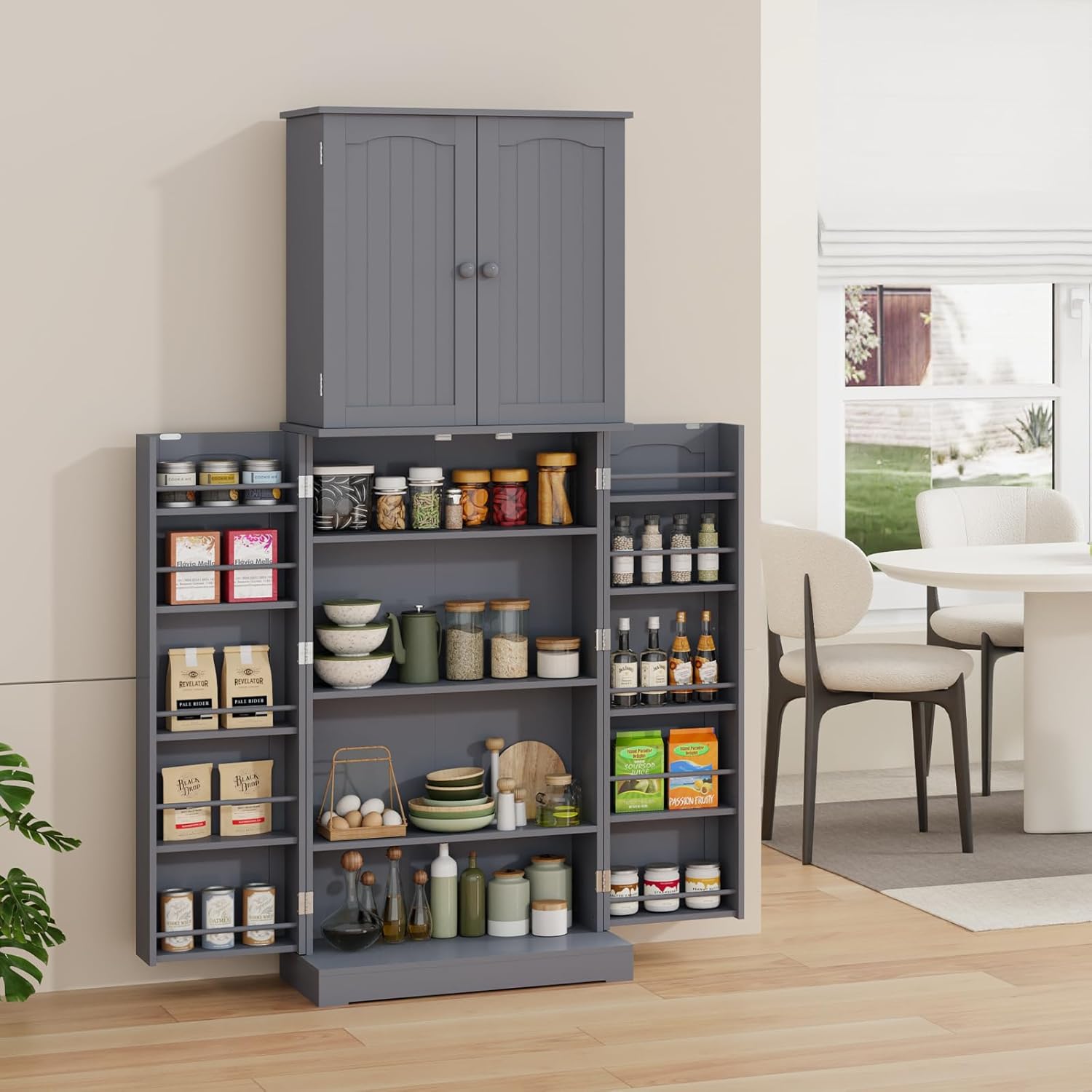 Gray Tall Freestanding Kitchen Pantry Cabinet with Doors and Shelves J403067