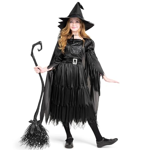 Classic Kids Witch Costume Black Witch Dress with Broom and Hat XL Y930