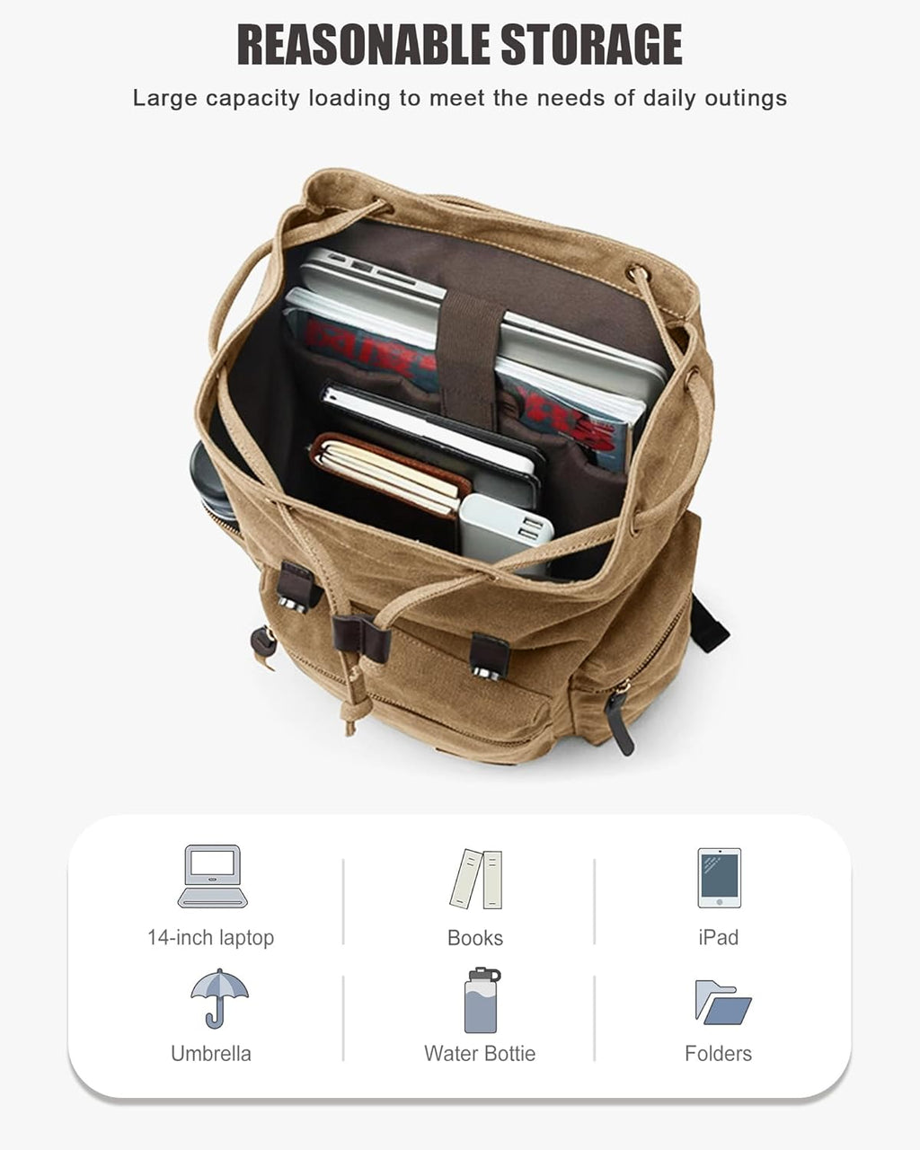 Canvas Vintage Casual Daypack Backpack, Water Resistant Lightweight 14 Inch Laptop Rucksack Hiking Bag, Khaki F849
