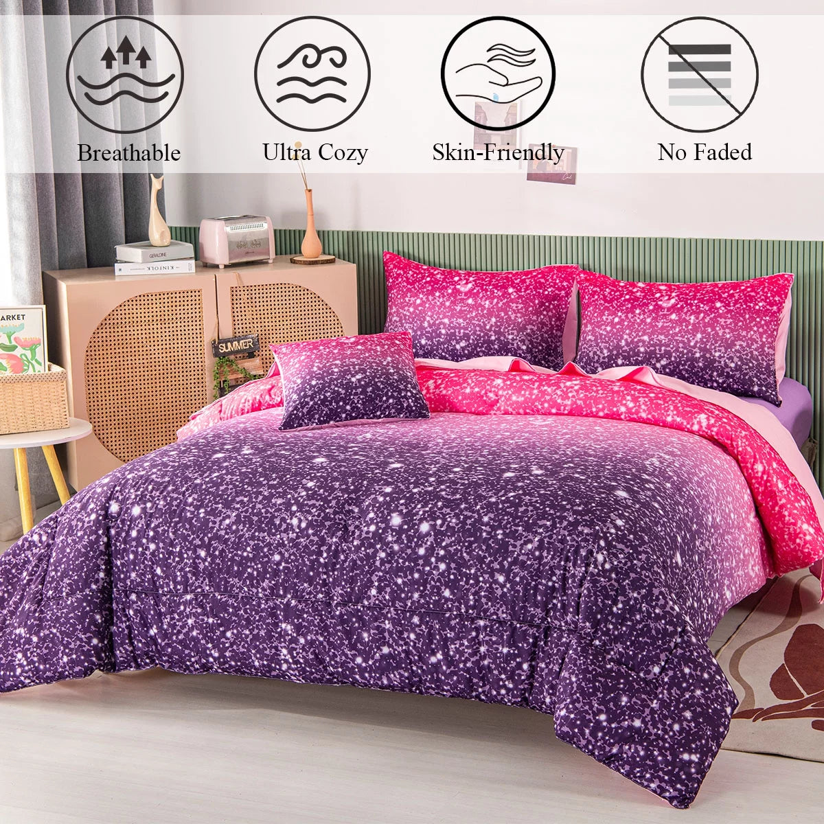 6Pcs Twin Gradient Pink Purple Glitter Comforter Sets P884178