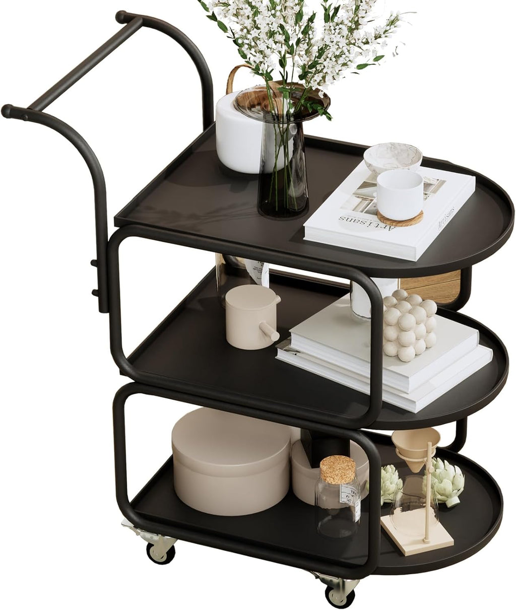 Matte Black 3-Tier Rolling Metal Bar Cart with Lockable Wheels I614