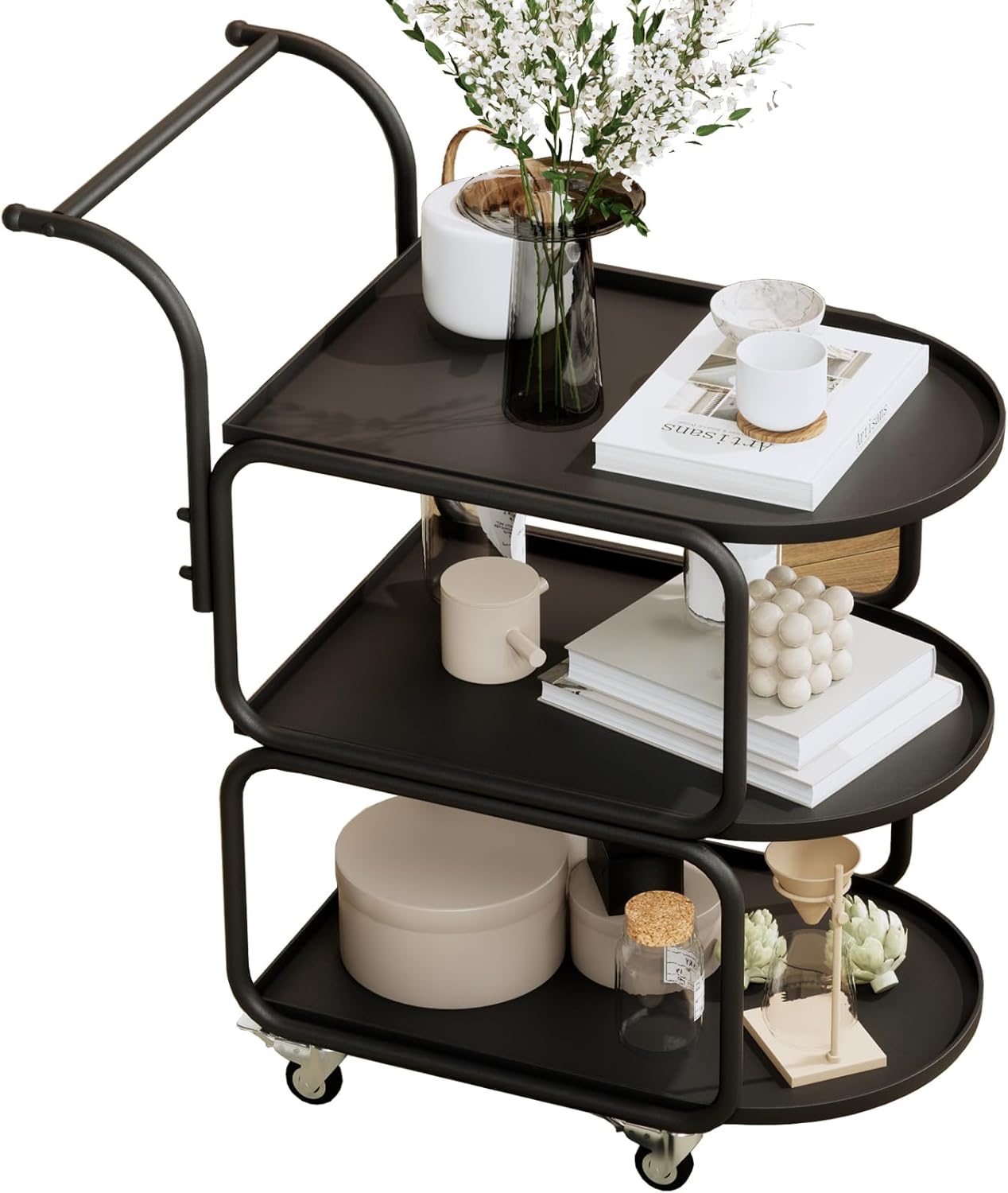 Matte Black 3-Tier Rolling Metal Bar Cart with Lockable Wheels I614