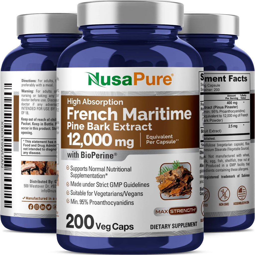 French Maritime Pine Bark Extract 12,000 mg Veggie Caps 200-Day Supply L548