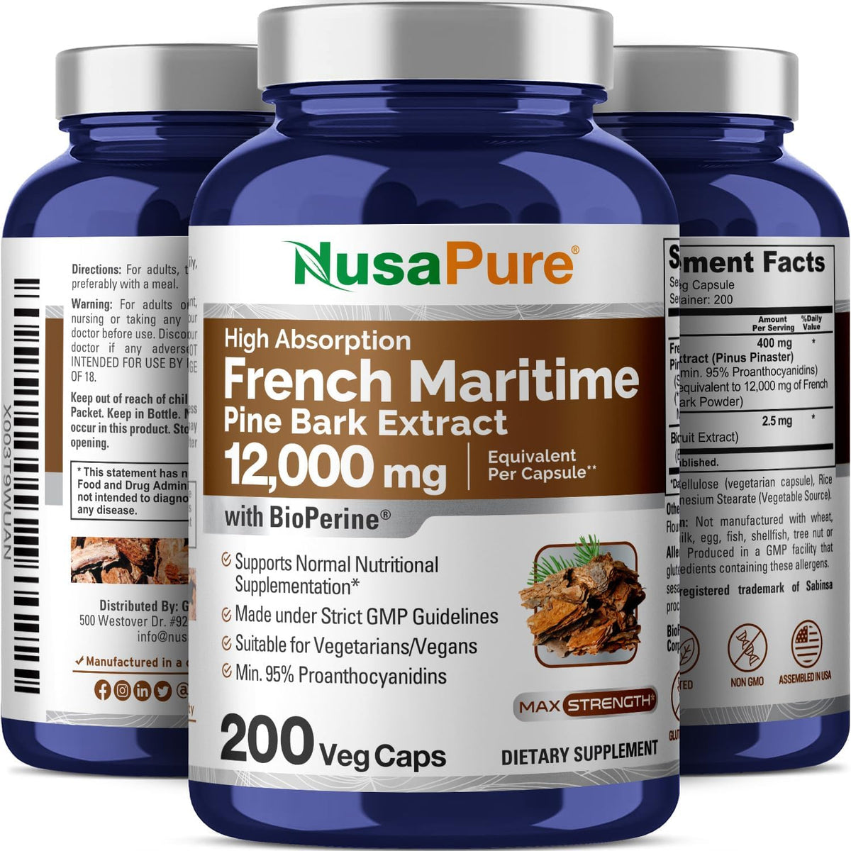 French Maritime Pine Bark Extract 12,000 mg Veggie Caps 200-Day Supply L548
