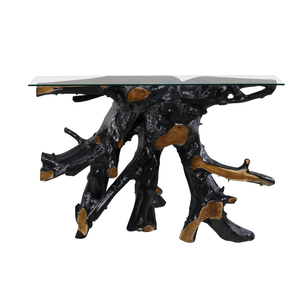 Black Teak Wood Console Table with Clear Glass Top X9588