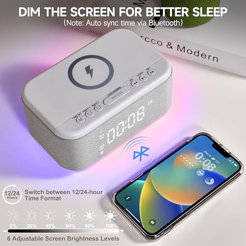 Gray Digital Alarm Clock with Bluetooth Speaker and Wireless Charger H9698