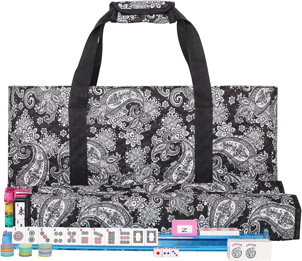 166 White Tiles Mahjong Game Set with 4 Color Rack Pushers, Black Carrying Bag, Mat with 3 Dice C491730
