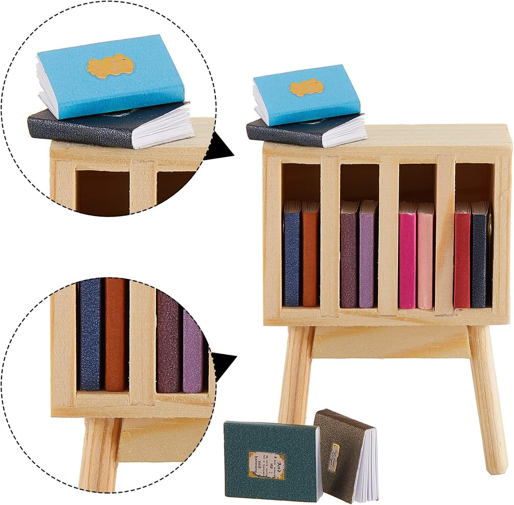 13 Pieces 1:12 Scale Miniature Dollhouse Books with Wooden Rack Bookshelf G6020