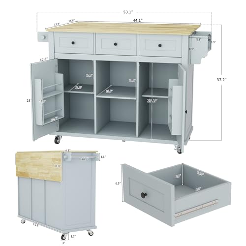Grey Blue Rolling Kitchen Island with Storage Cabinet and 3 Drawers I378253