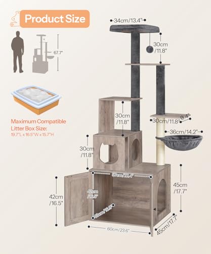 Greige 67.7" H Wooden Cat Tree with Litter Box Enclosure W253
