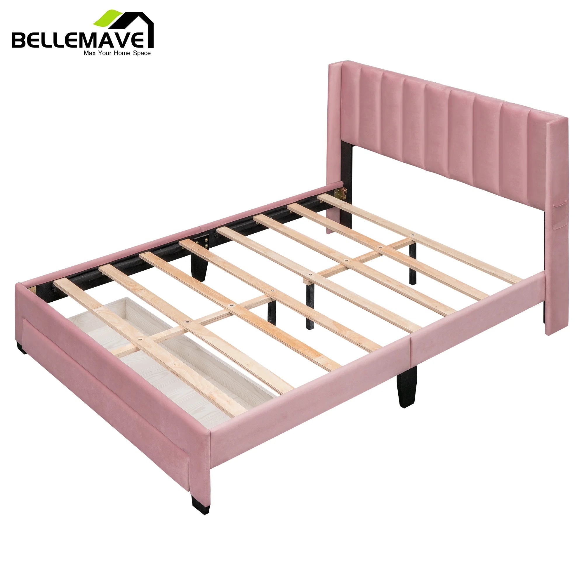 Queen Size Pink Velvet Upholstered Wood Platform Bed with Drawer I9098