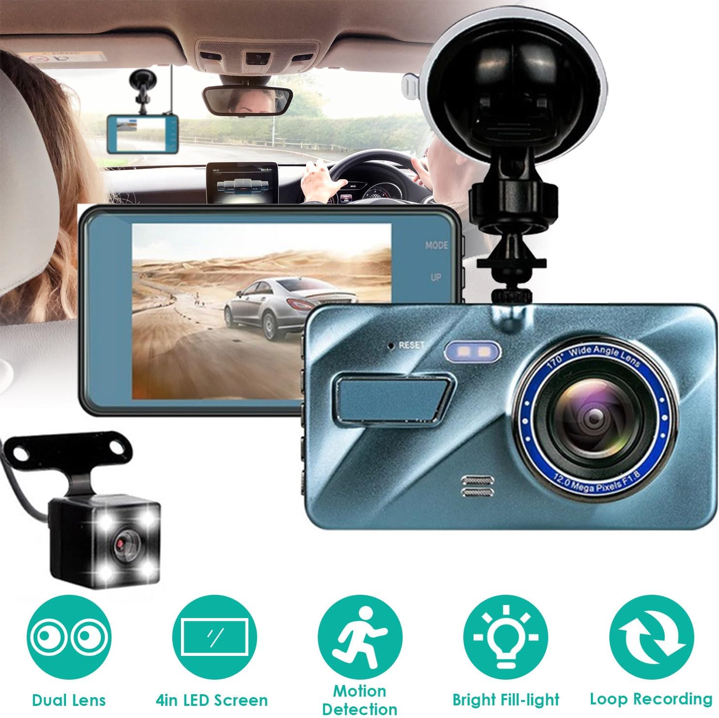 720P HD Dual Dash Cam with Night Vision and 4 inch LCD Display S5210