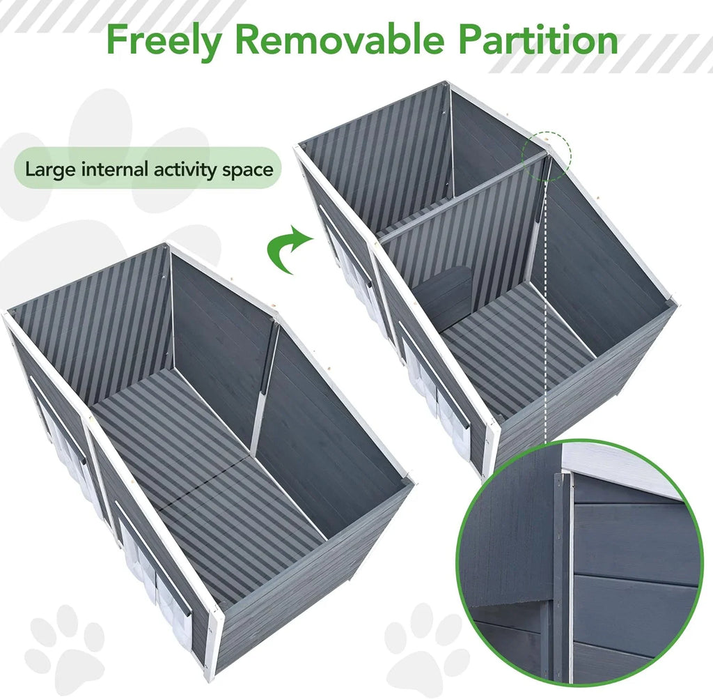 Gray Green Wooden Dog House with Porch 2 Doors F303
