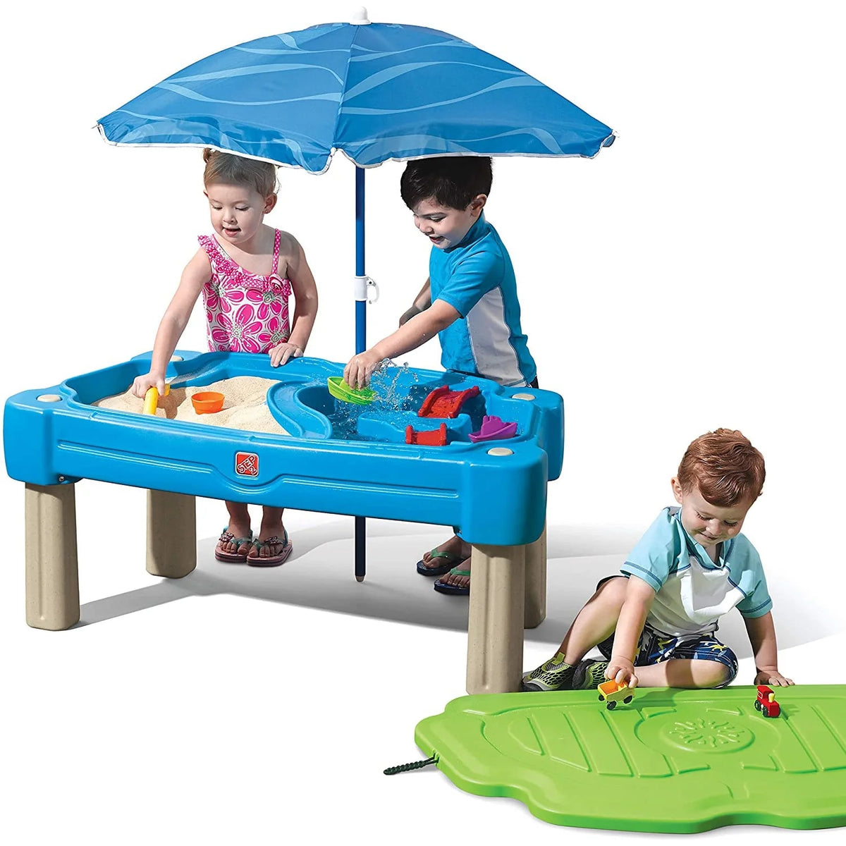 Blue Plastic Sandbox and Water Table with Cover and Umbrella T79382