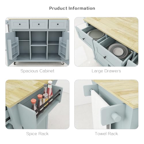 Grey Blue Rolling Kitchen Island with Storage Cabinet and 3 Drawers I378253