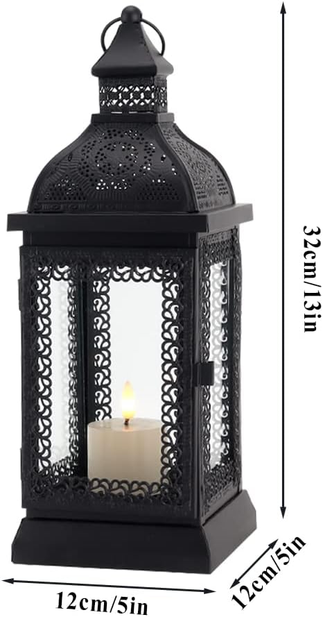 Black Metal Candle Lantern 13'' High with Tempered Glass W375