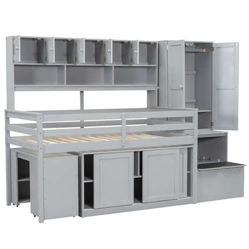 White Low Wood Loft Bed Twin Size with Rolling Desk and Drawers F58340