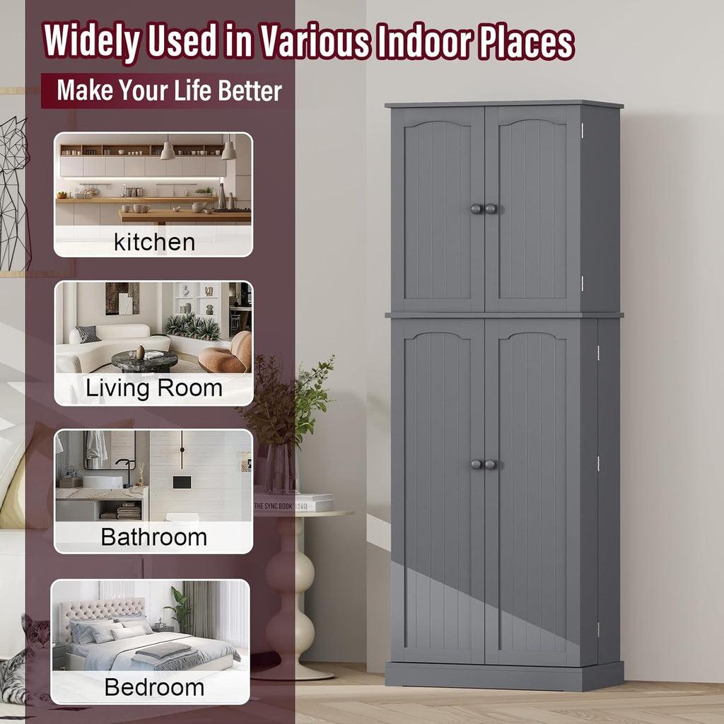Gray Tall Freestanding Kitchen Pantry Cabinet with Doors and Shelves J403067