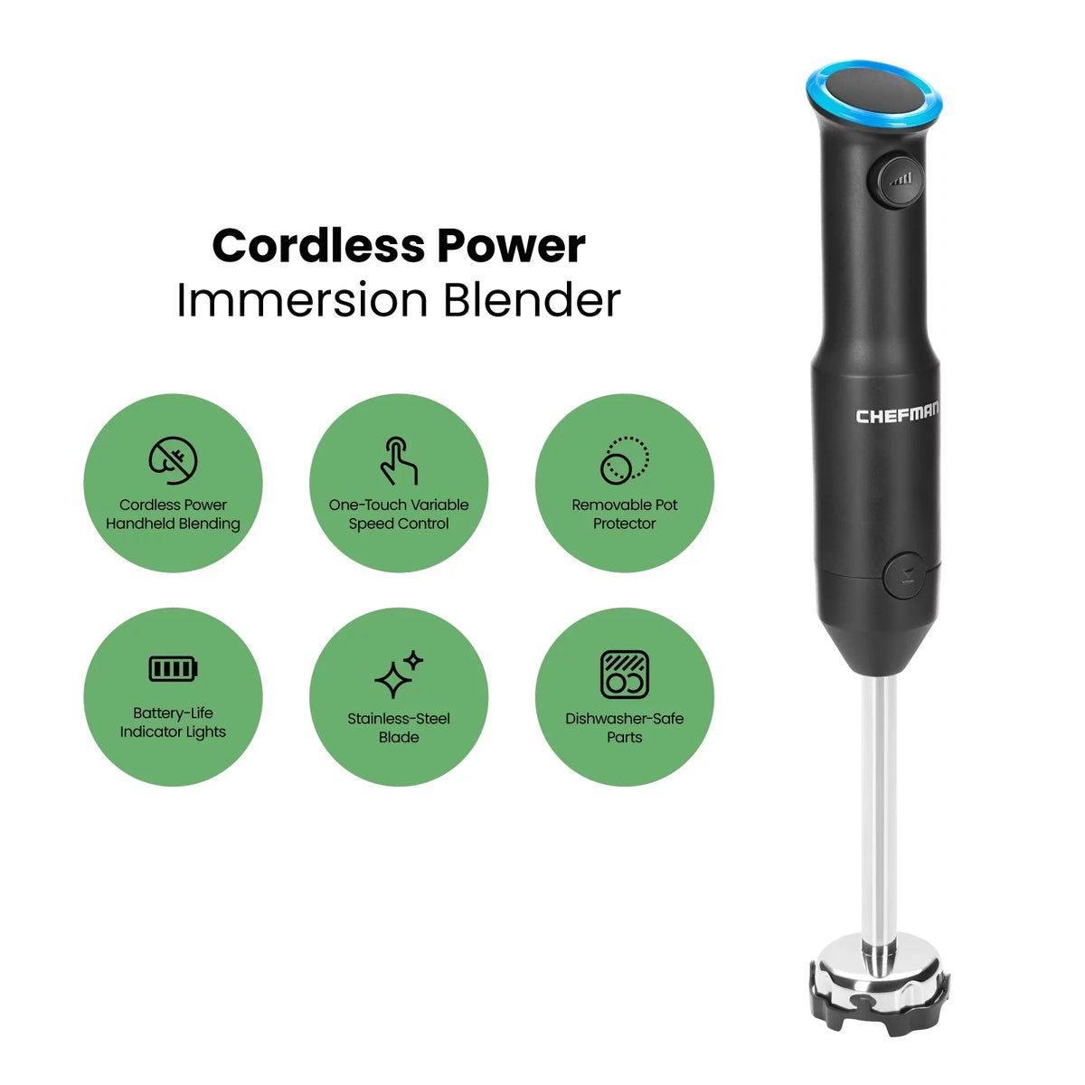 Black Cordless Handheld Immersion Blender with Stainless-Steel Blade G407