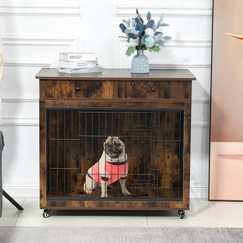 Grey 31.7" L×23.2" W×33" H Wooden Dog Crate with 2 Drawers Z86390