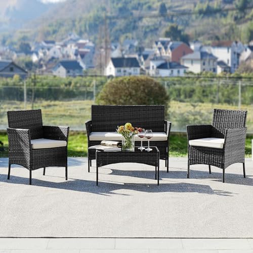 Black 4 Piece Outdoor Wicker Patio Furniture Set with Coffee Table and Sofa Q525845