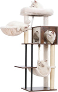 Rustic Brown 43.3in Wood Cat Tree with Sisal Rope Scratching Post T2072