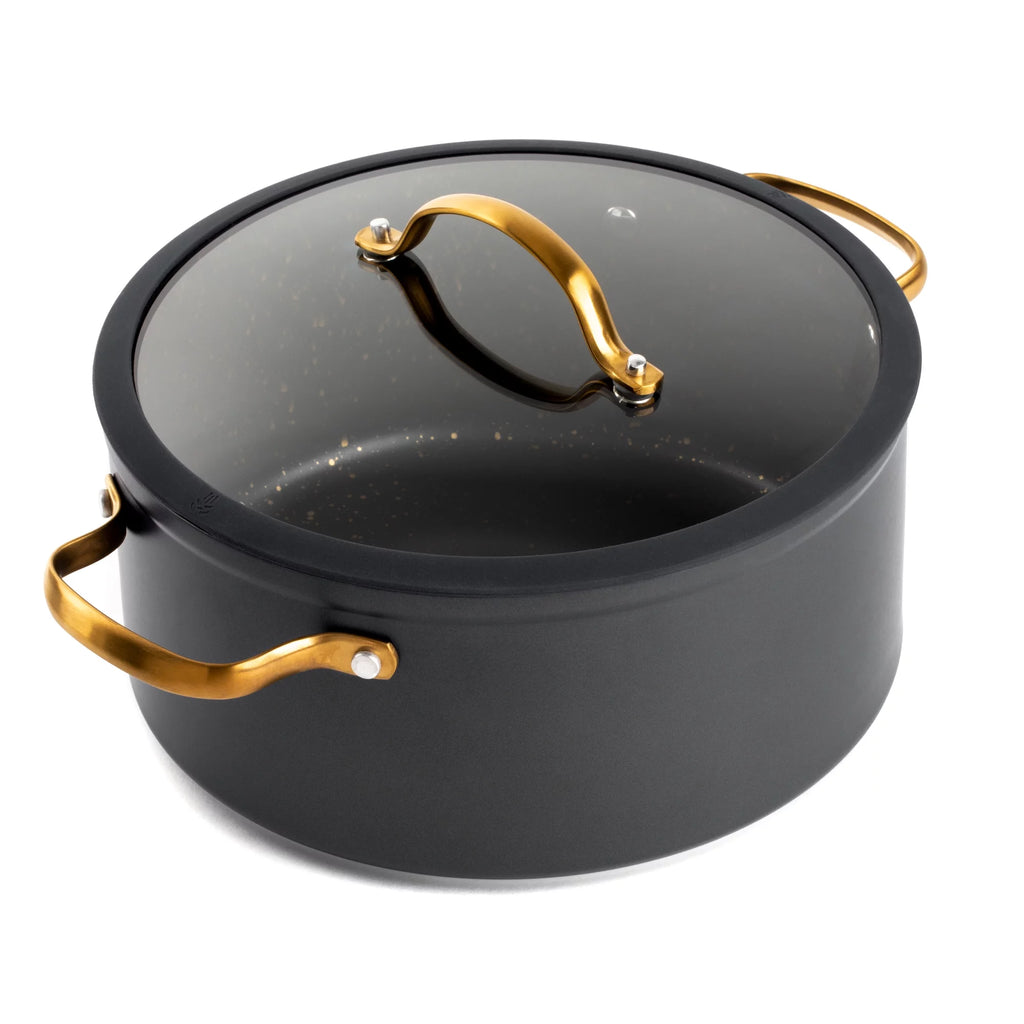 Non-Stick 5 QT Stock Pot with Glass Lid, Black & Gold Q537