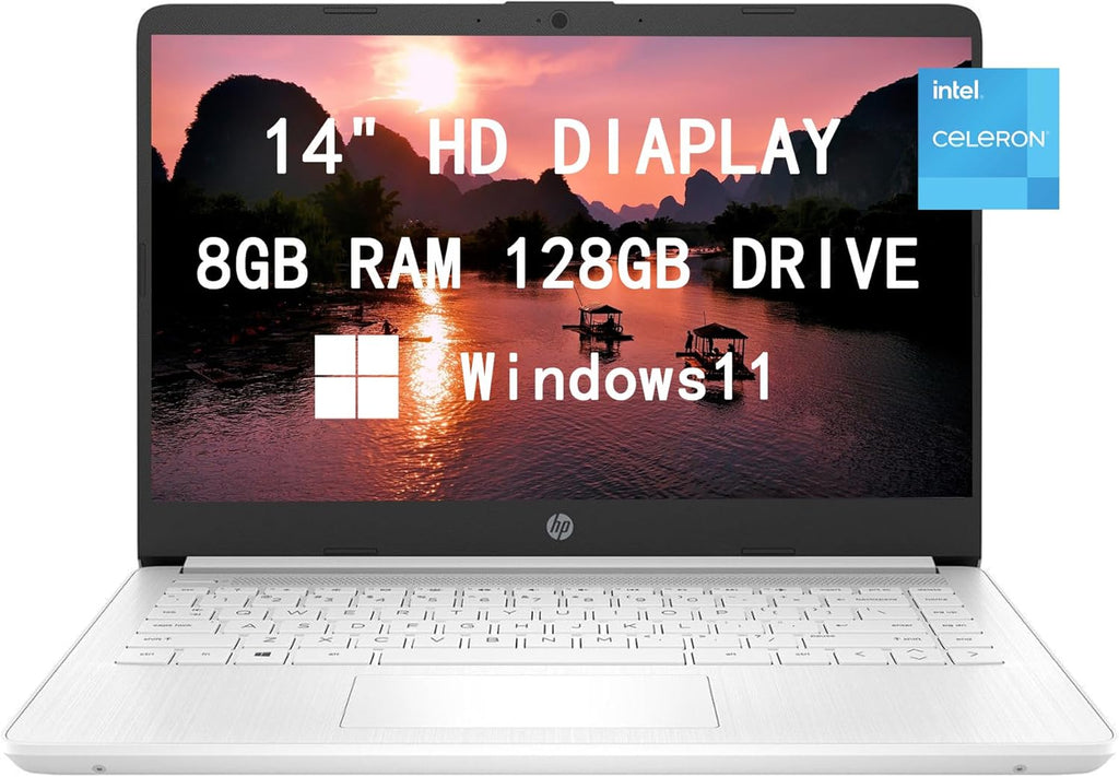 14-inch HD Laptop Computer Intel Dual Core 2.8GHz 8GB RAM 128GB 64GB SSD 64GB Card Webcam Bluetooth HDMI USB-C Wi-Fi Windows 11 S White F8823
