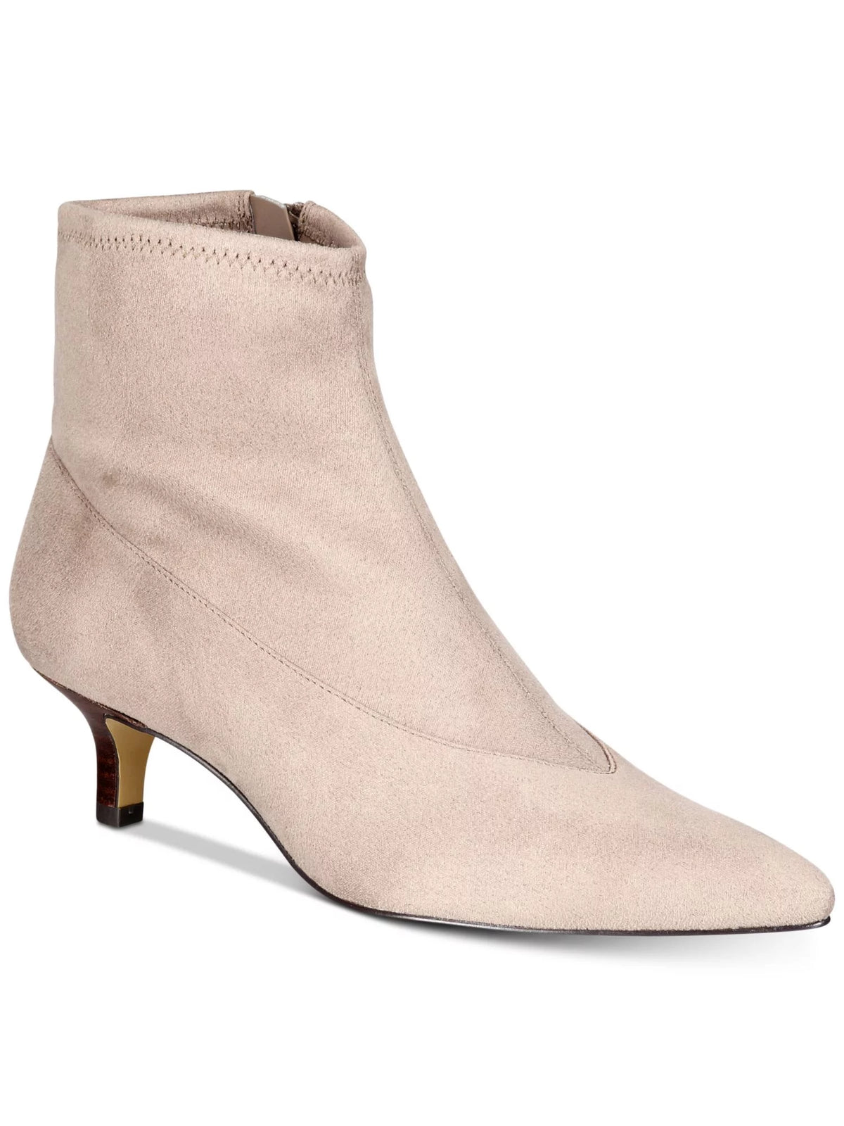 Beige Cushioned Stretch Pointed Toe Kitten Heel Zip-Up Booties I9127