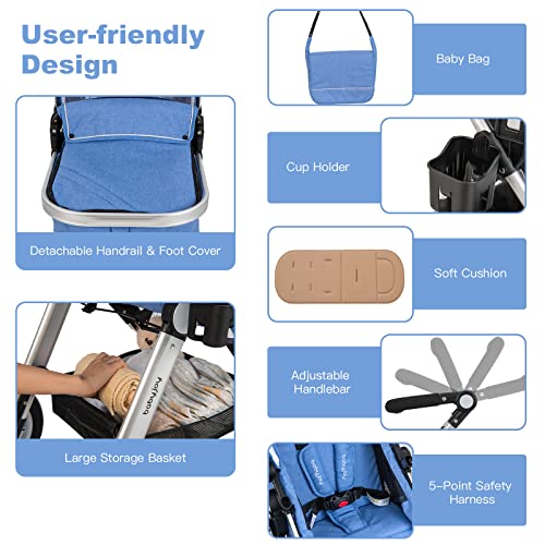 2-in-1 Convertible Bassinet Reclining Stroller with 5-Point Harness, Aluminum Structure, Khaki F85350