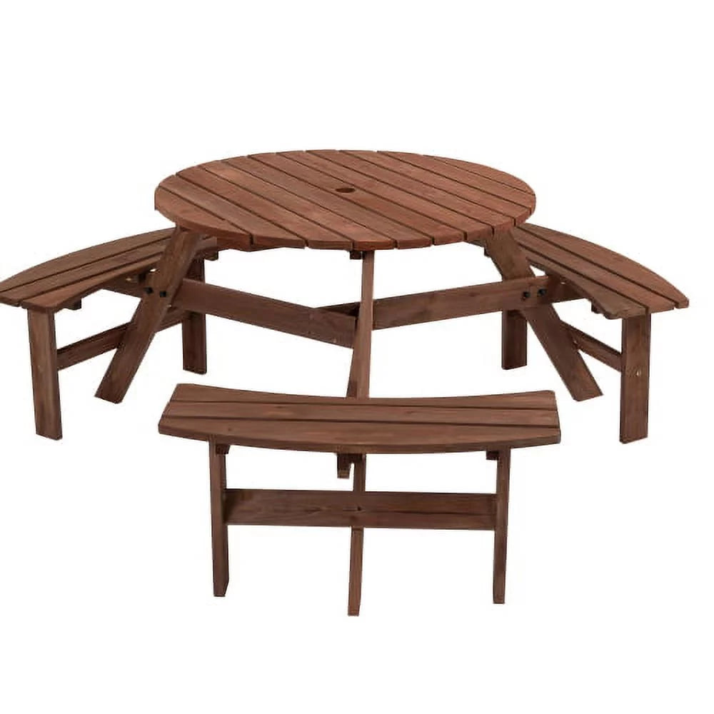 6-Person Circular Outdoor Wooden Picnic Table with 3 Built-in Benches K5521