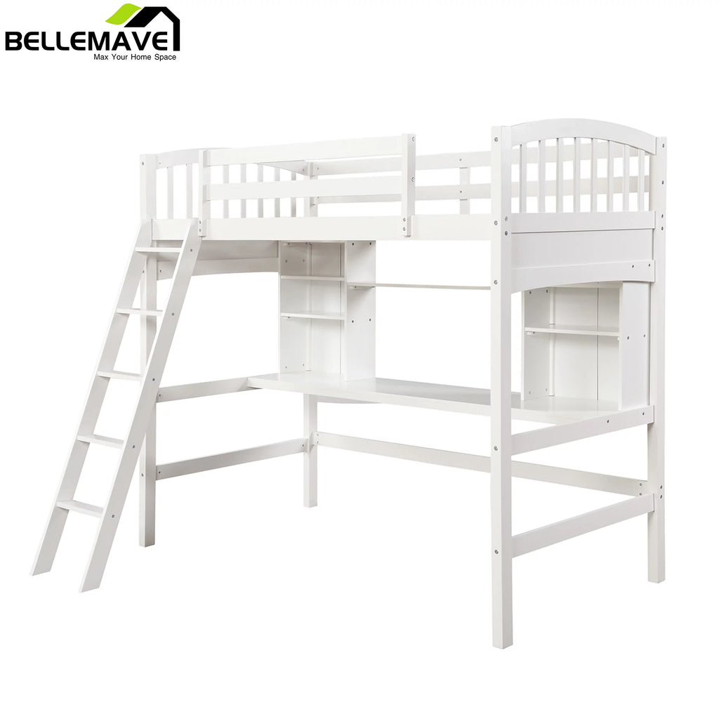 Twin Size High Loft Bed with Storage Shelves, Desk and Ladder Solid Wood Bed Frame with Safety Guardrails White U33426