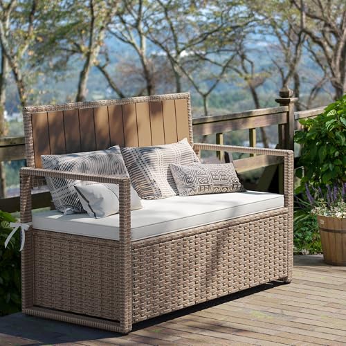 Black Beige 90 Gallon Outdoor Wicker Storage Bench with Cushion J1291