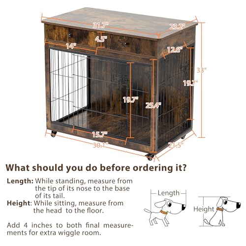 Grey 31.7" L×23.2" W×33" H Wooden Dog Crate with 2 Drawers Z86390