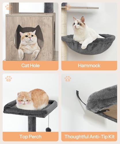 Greige 67.7" H Wooden Cat Tree with Litter Box Enclosure W253