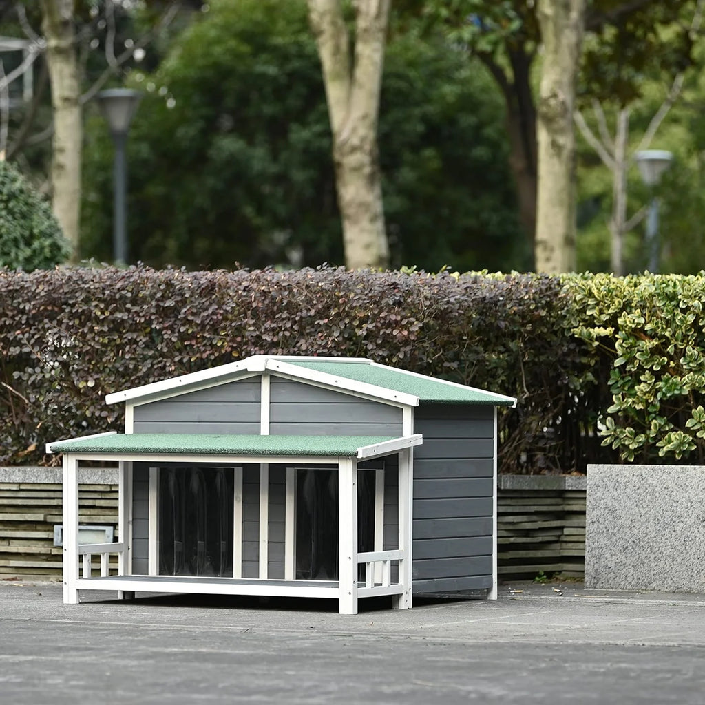 Gray Green Wooden Dog House with Porch 2 Doors F303