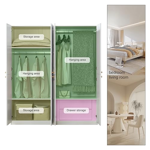 White 4 Door 2 Drawers Wooden Armoire Wardrobe Cabinet K5125