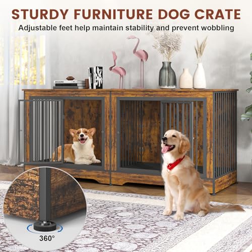 75 Inch Double Dog Crate Furniture Rustic Brown with Trays and Divider J395