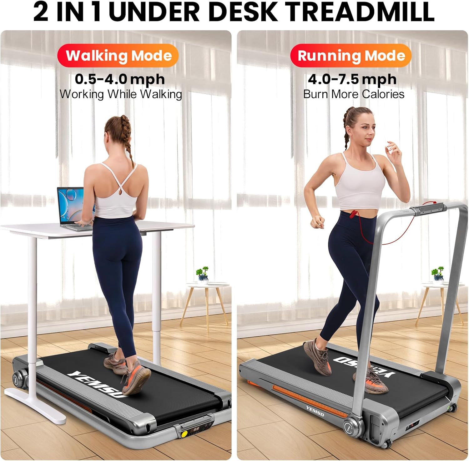 2 in 1 Foldable Treadmill with Incline, Walking Pad, 2.5HP, 330 LBS Weight Capacity Q222455